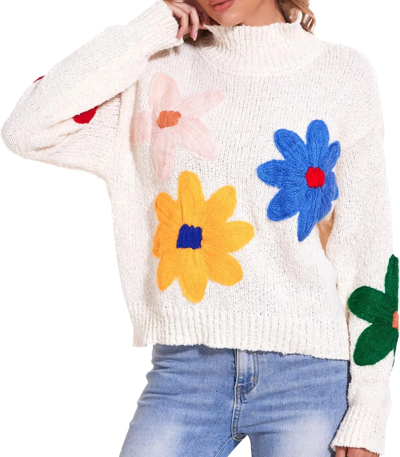 HOULENGS Women's Cute Floral Pattern Long Sleeve Sweater Mock Neck Flower Knitted Pullover Tops