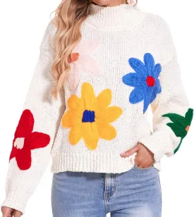 HOULENGS Women's Cute Floral Pattern Long Sleeve Sweater Mock Neck Flower Knitted Pullover Tops