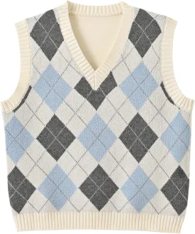 Hyipels Women's Sweater Vest,Y2K Sleeveless Pattern Preppy Style Knitted Crop Tank Top for Girl