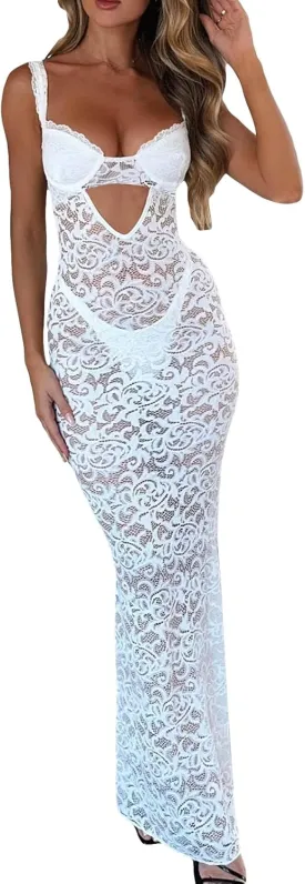 IMISSILLEB Women Backless Bodycon Maxi Dress Spaghetti Straps Floral Lace Slip Long Dress 2024 Elegant Cocktail Dress