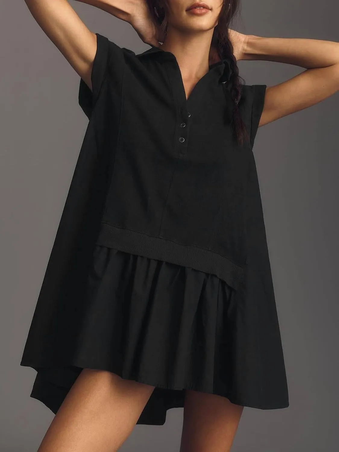 LAVASEON Women's Patchwork Sweatshirt Dress Short Sleeve Summer Mini Dress Oversized Causal Dress