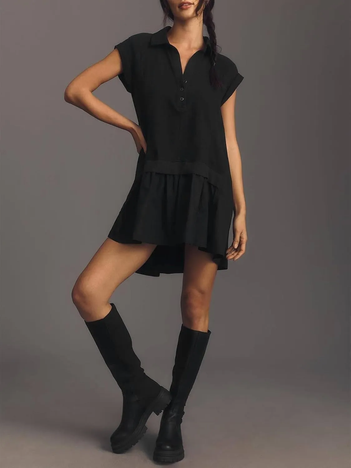 LAVASEON Women's Patchwork Sweatshirt Dress Short Sleeve Summer Mini Dress Oversized Causal Dress