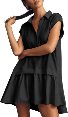 LAVASEON Women's Patchwork Sweatshirt Dress Short Sleeve Summer Mini Dress Oversized Causal Dress