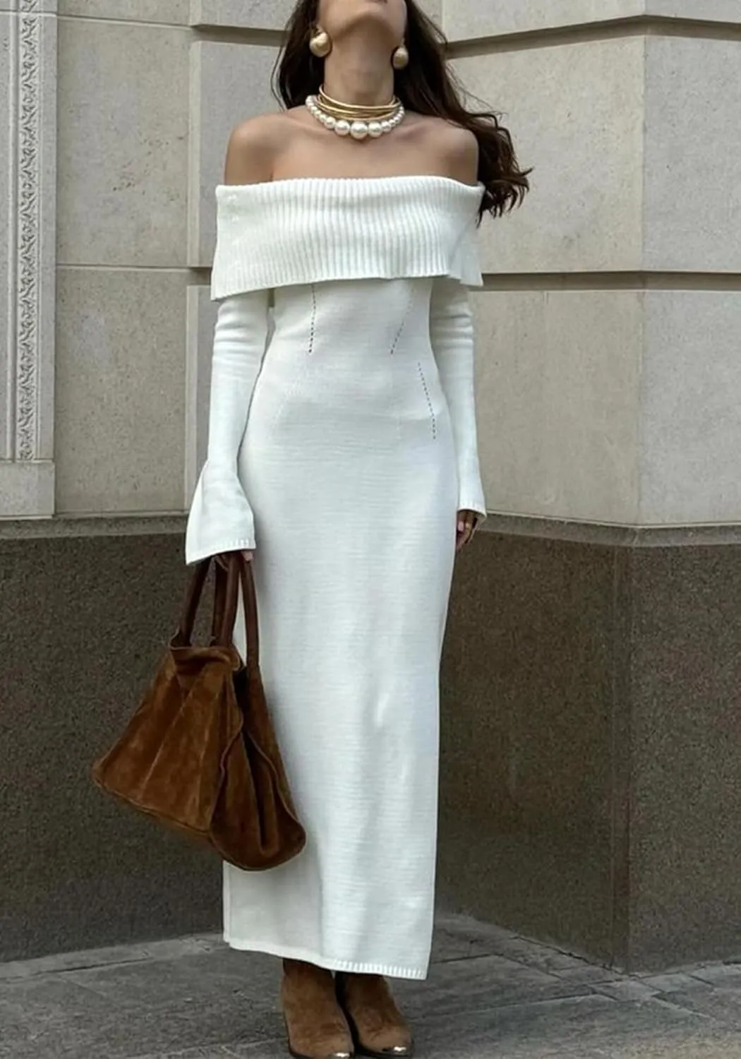 LETSVDO Women's Off The Shoulder Sweater Dress Long Sleeve Bodycon Knit Ribbed Sexy Party Maxi Dresses