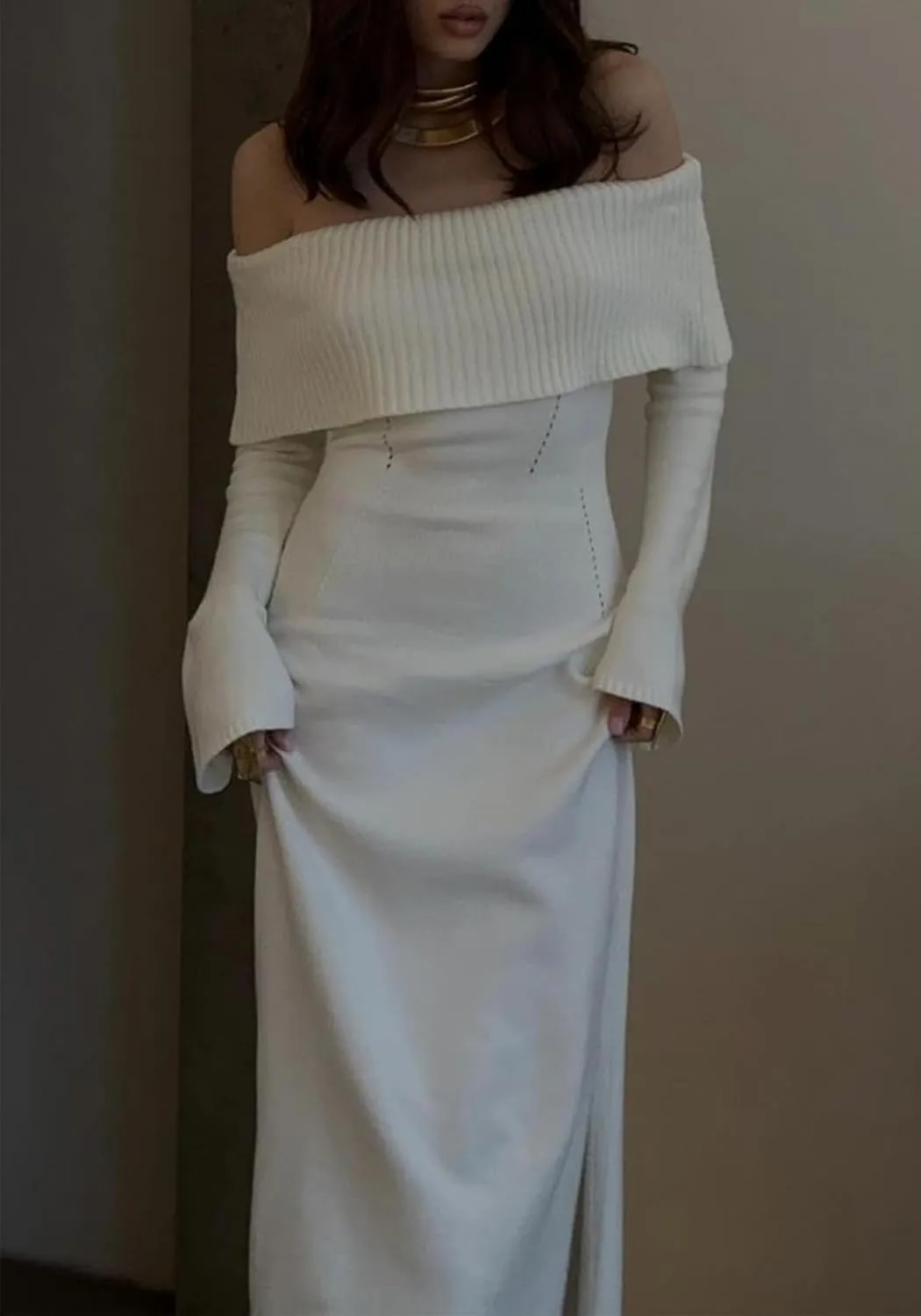 LETSVDO Women's Off The Shoulder Sweater Dress Long Sleeve Bodycon Knit Ribbed Sexy Party Maxi Dresses