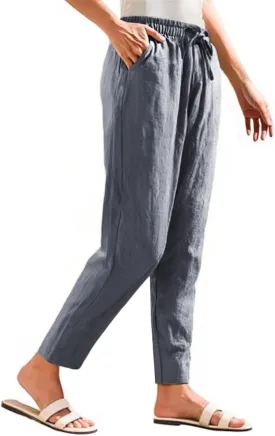 Linen Pants Women Cropped Lightweight Summer Drawstring Pant Petite Length Straight Leg Tapered Pants with Pockets