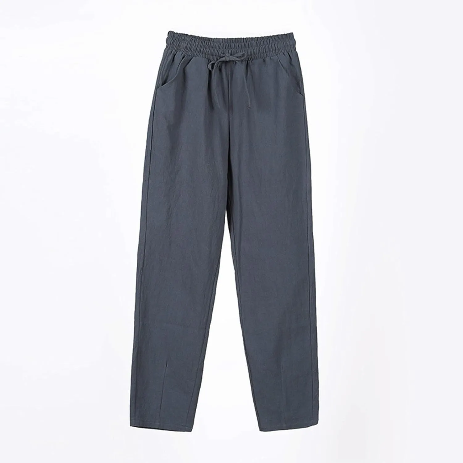 Linen Pants Women Cropped Lightweight Summer Drawstring Pant Petite Length Straight Leg Tapered Pants with Pockets
