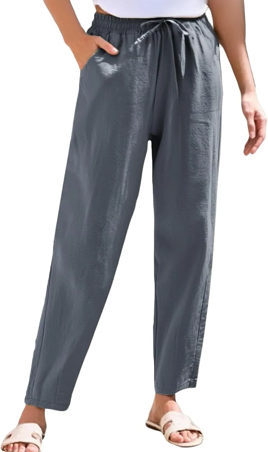 Linen Pants Women Cropped Lightweight Summer Drawstring Pant Petite Length Straight Leg Tapered Pants with Pockets