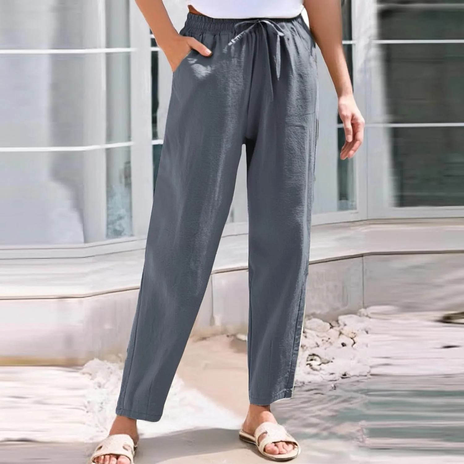 Linen Pants Women Cropped Lightweight Summer Drawstring Pant Petite Length Straight Leg Tapered Pants with Pockets