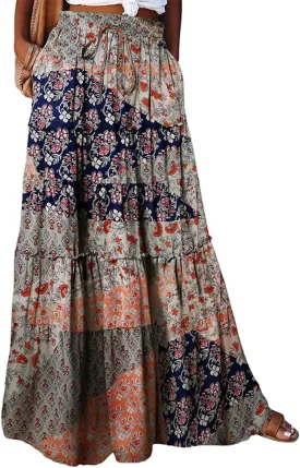 Long Skirts for Women Boho Floral High Waisted Casual A Line Skirt Pleated Beach Flowy Swing Maxi Skirts