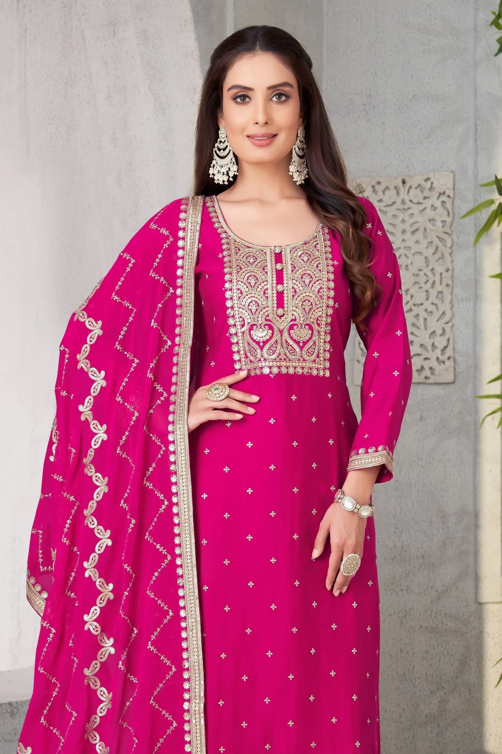 Magenta Straight Cut Salwar Suit with Zari and Sequin Work