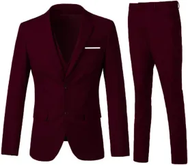 Men's 3 Piece Slim Fit Suit Set, Two Button Blazer Solid Jacket Vest Pants Wedding Business Suit