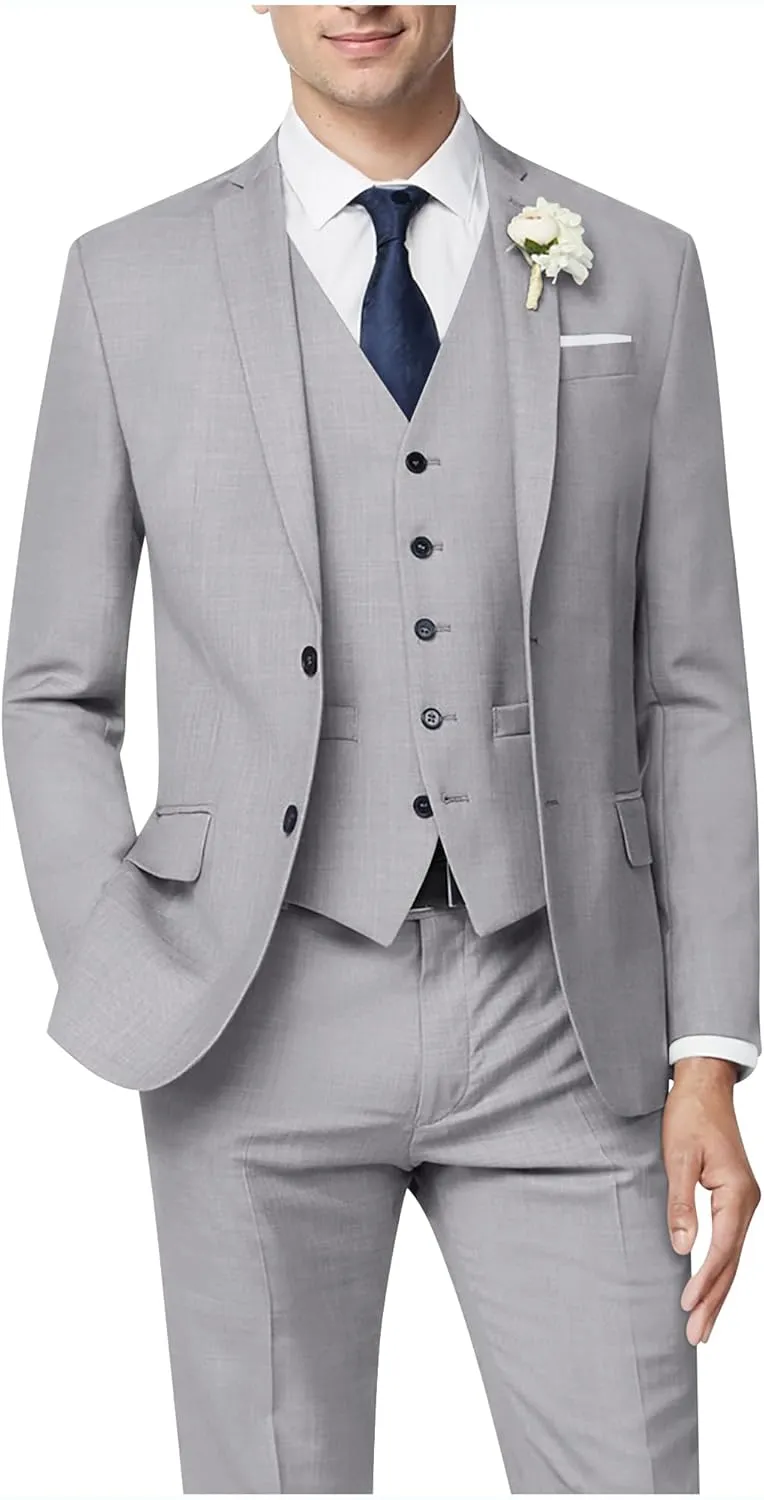 Men's 3 Piece Slim Fit Suit Set, Two Button Blazer Solid Suit Jacket Vest Pants Tuxedo Set for Wedding Prom