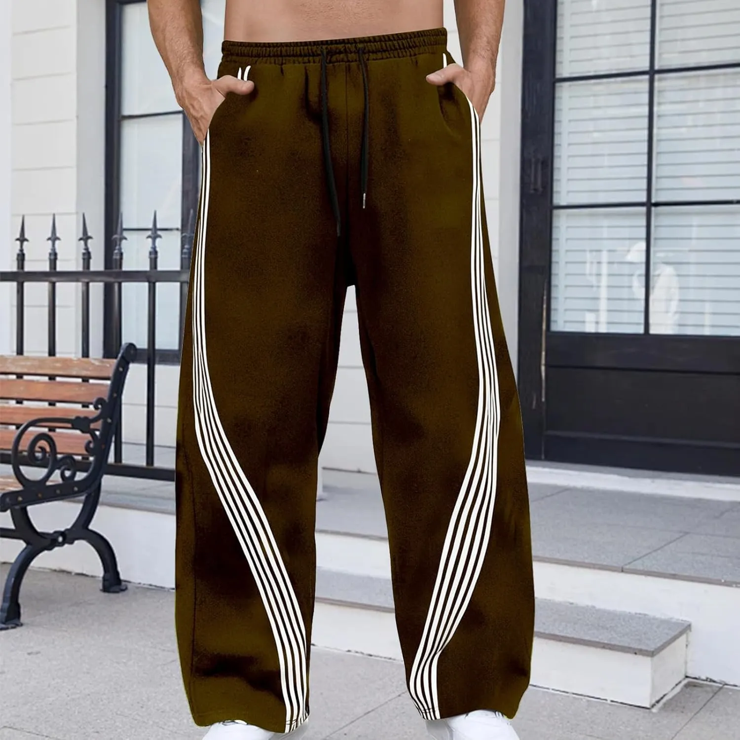Men's Baggy Sweatpants Striped Side Drawstring Waist Track Pants Open Bottom Wide Leg Lounge Trousers Streetwear