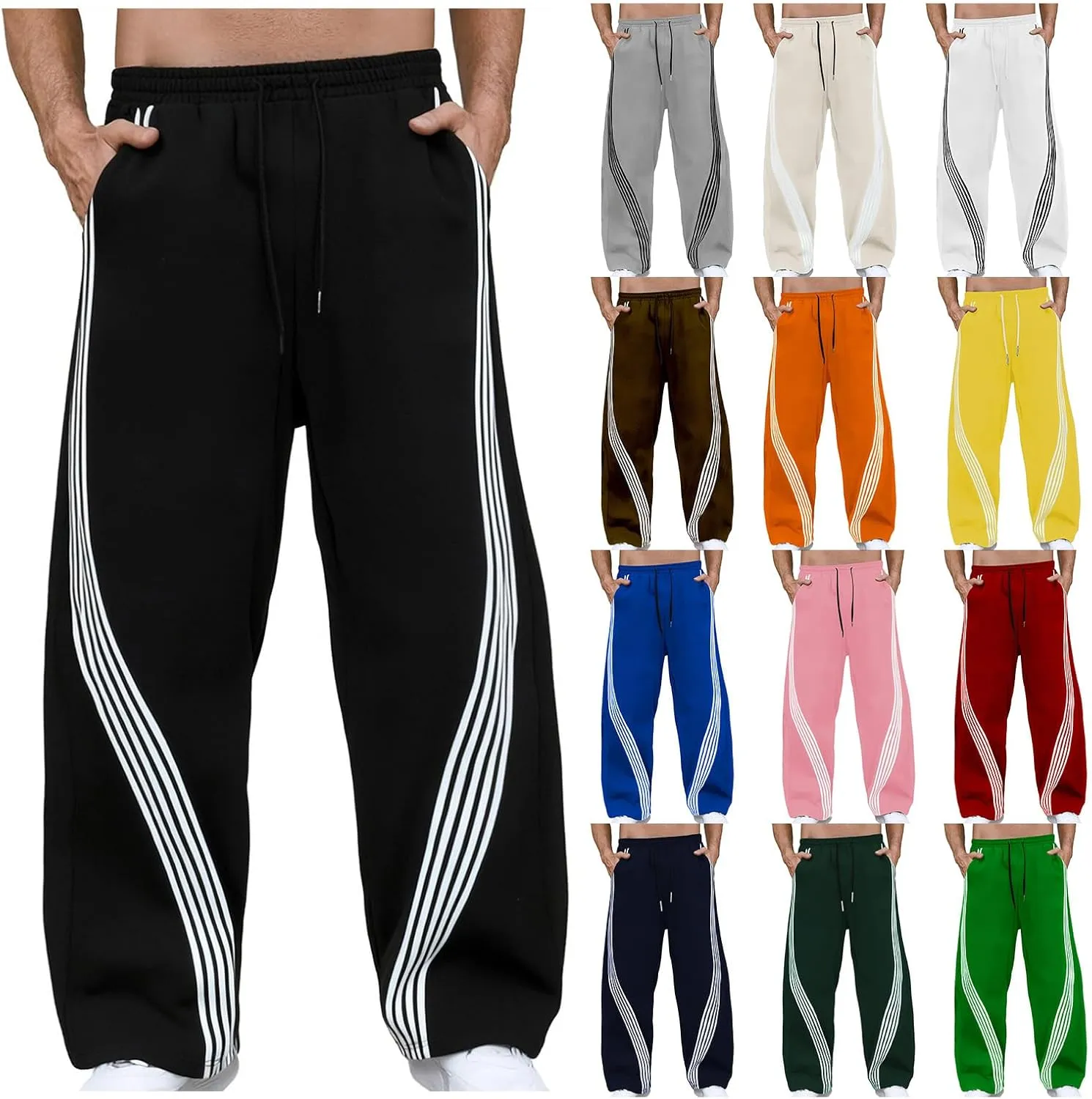 Men's Baggy Sweatpants Striped Side Drawstring Waist Track Pants Open Bottom Wide Leg Lounge Trousers Streetwear
