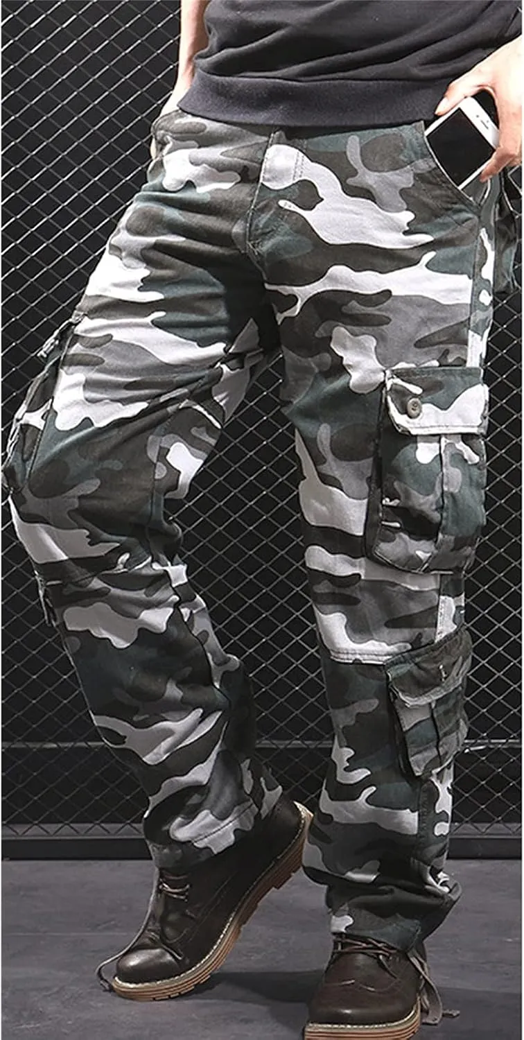 Men's Relaxed Fit Casual Military Trousers Multi Pocket Camo Pants Lightweight Hiking Outdoor Combat Cargo Britches