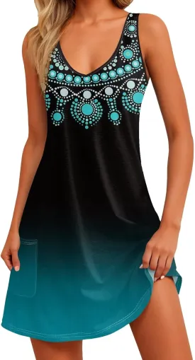 Mini Dresses for Women V Neck Floral Print Tank Dresses Sleeveless Sundresses Swing Beach Dress Beach Cover Ups