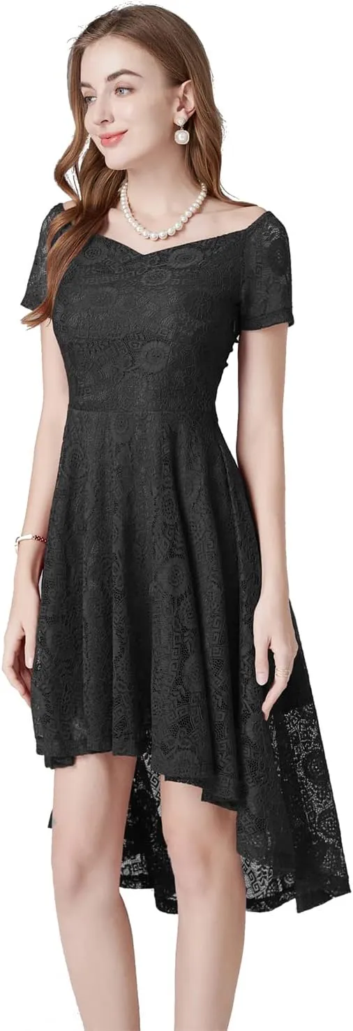 MllesReve Vintage Floral Lace Women Cocktail Party Dress High Low Swing Dress Formal Wedding Guest Dress