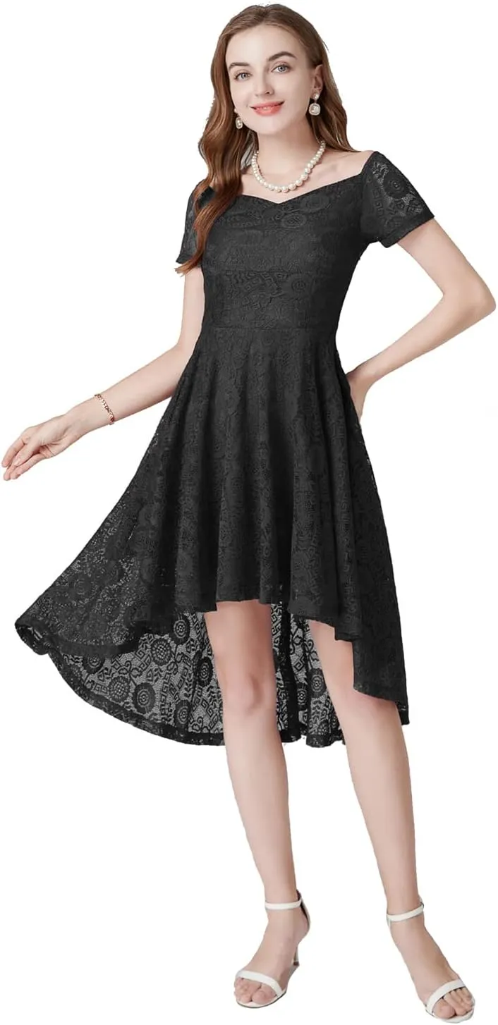 MllesReve Vintage Floral Lace Women Cocktail Party Dress High Low Swing Dress Formal Wedding Guest Dress