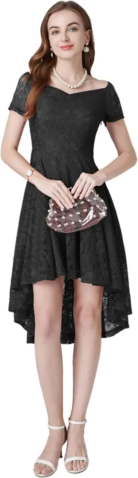 MllesReve Vintage Floral Lace Women Cocktail Party Dress High Low Swing Dress Formal Wedding Guest Dress
