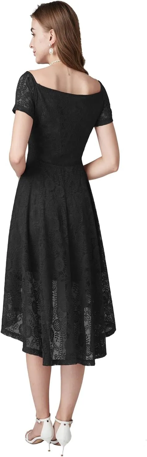 MllesReve Vintage Floral Lace Women Cocktail Party Dress High Low Swing Dress Formal Wedding Guest Dress