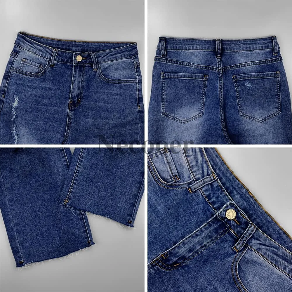 Necooer Womens Bell Bottom Jeans Classic Stretch Raw Hem Flare Denim Jeans Pants