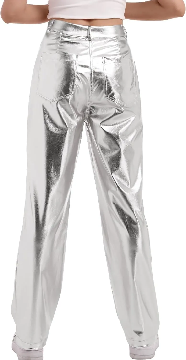 ODIZLI Pettie Women's Shiny Metallic Holographic High Waist Straight Leg Faux Leather Pants with Pockets