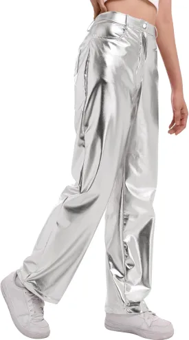ODIZLI Pettie Women's Shiny Metallic Holographic High Waist Straight Leg Faux Leather Pants with Pockets