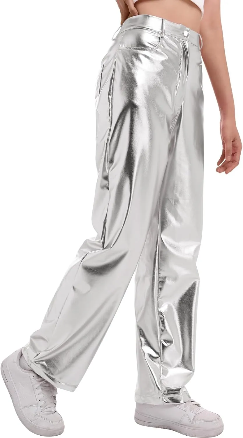 ODIZLI Pettie Women's Shiny Metallic Holographic High Waist Straight Leg Faux Leather Pants with Pockets