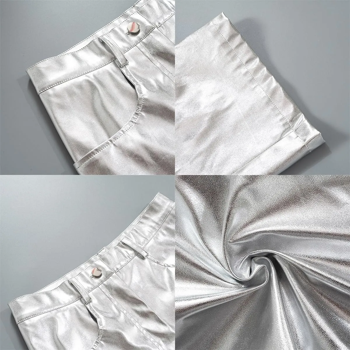 ODIZLI Pettie Women's Shiny Metallic Holographic High Waist Straight Leg Faux Leather Pants with Pockets