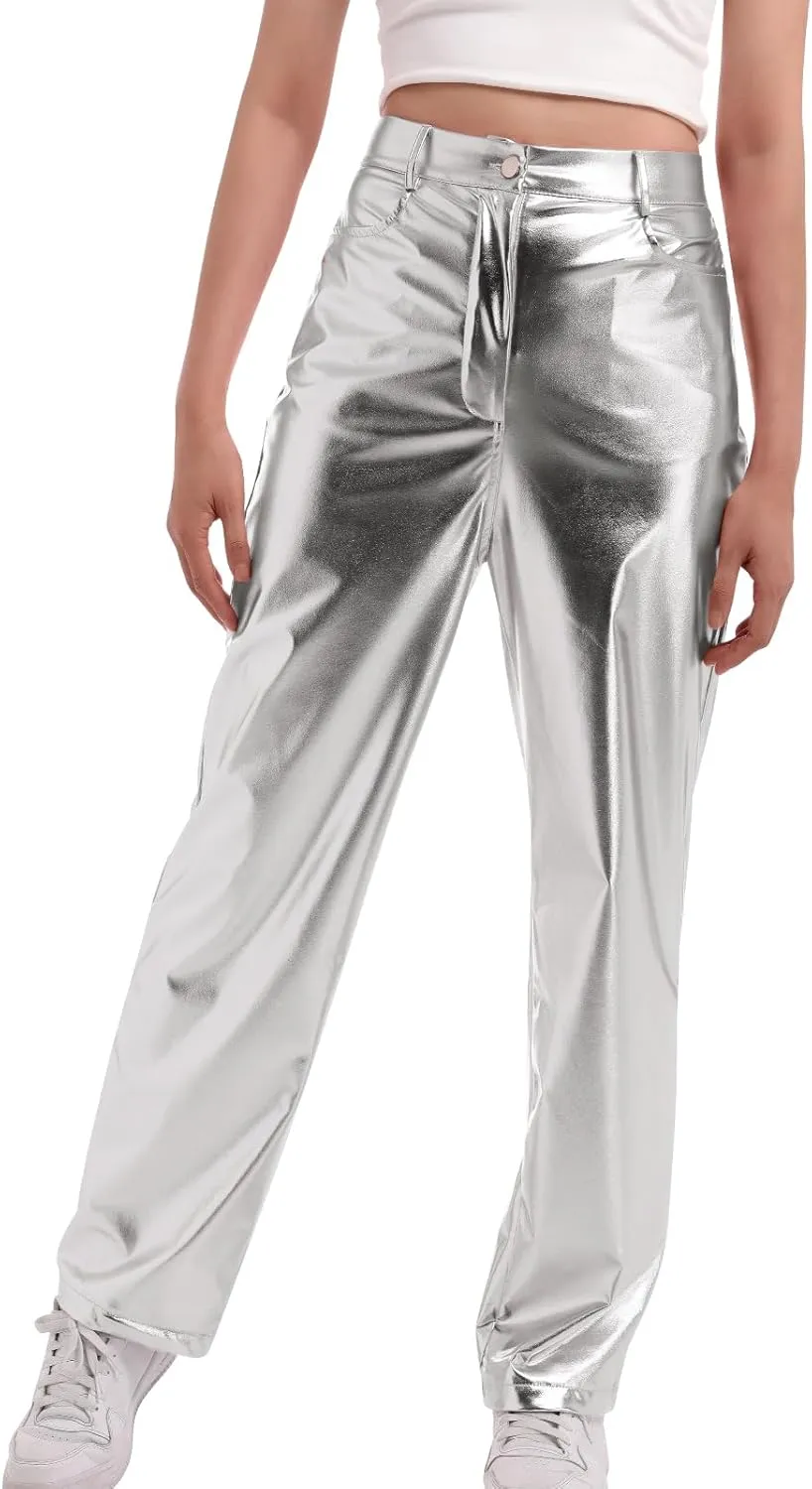 ODIZLI Pettie Women's Shiny Metallic Holographic High Waist Straight Leg Faux Leather Pants with Pockets