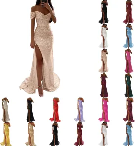 Off Shoulder Prom Dresses for Women 2025 Long Ball Gown Sparkly Sequin Mermaid Evening Dresses Formal Gown with Slit