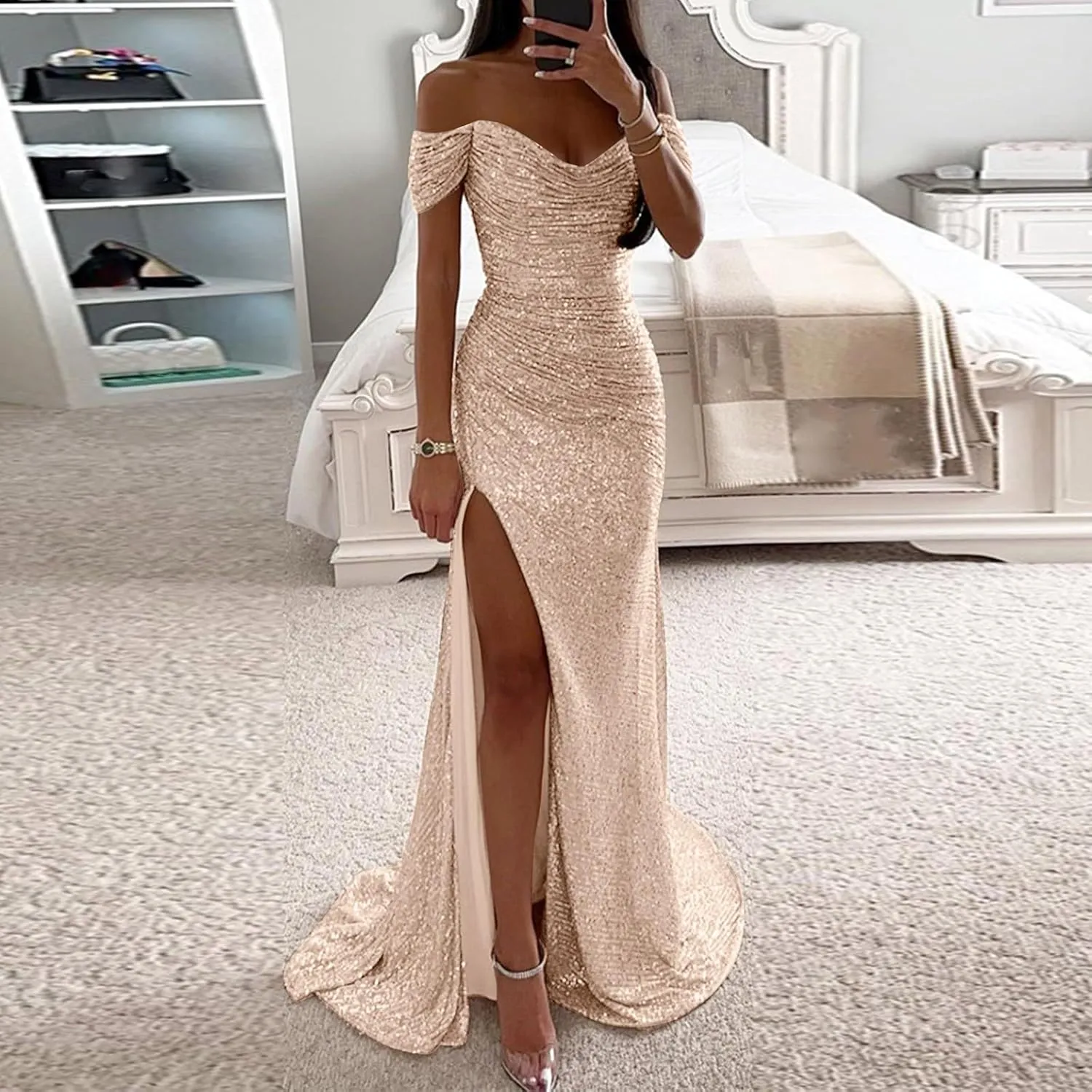 Off Shoulder Prom Dresses for Women 2025 Long Ball Gown Sparkly Sequin Mermaid Evening Dresses Formal Gown with Slit