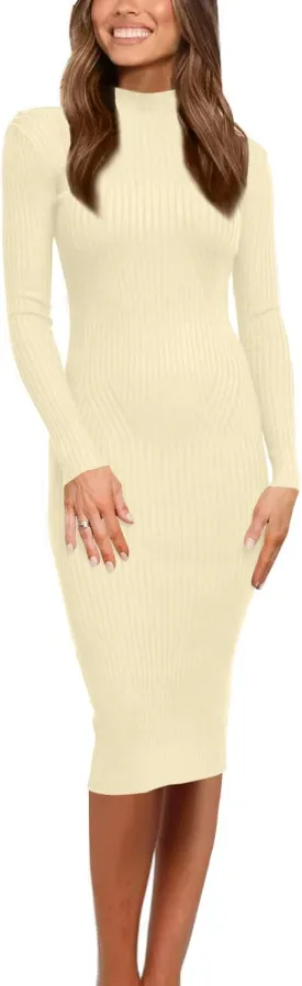 OWIN Women's 2024 Fall Ribbed Long Sleeve Sweater Dress Turtleneck Bodycon Knitted Midi Dress