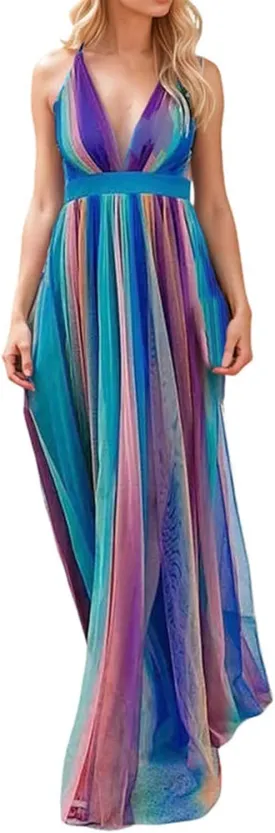 Rainbow Summer Dresses for Women Cami Spagehtti Strap Chiffon Sundress Sexy V Neck Backless Swing Maxi Dress