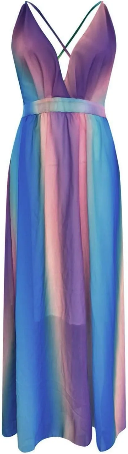 Rainbow Summer Dresses for Women Cami Spagehtti Strap Chiffon Sundress Sexy V Neck Backless Swing Maxi Dress