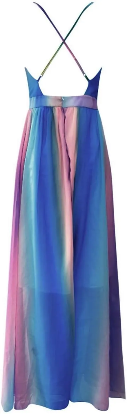 Rainbow Summer Dresses for Women Cami Spagehtti Strap Chiffon Sundress Sexy V Neck Backless Swing Maxi Dress