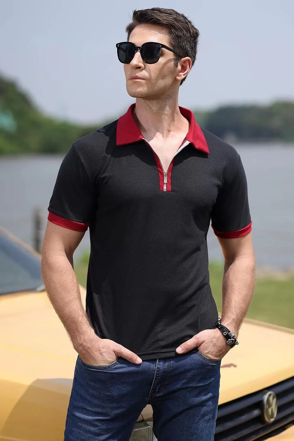 Rela Bota Men's Short Sleeve Polo Shirts Fashion Zipper Polos Casual Slim Fit T-Shirt