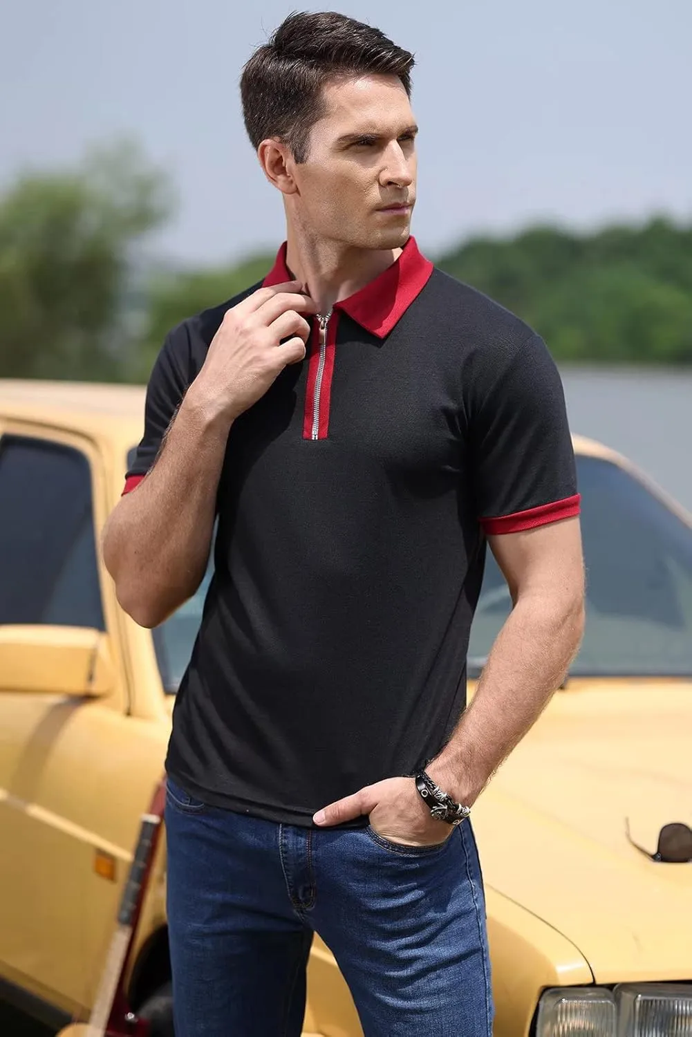 Rela Bota Men's Short Sleeve Polo Shirts Fashion Zipper Polos Casual Slim Fit T-Shirt