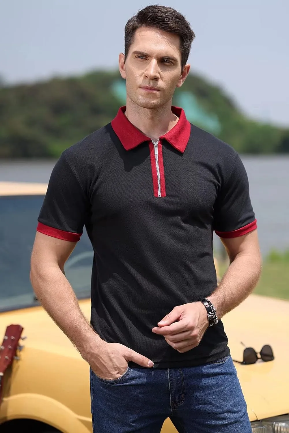 Rela Bota Men's Short Sleeve Polo Shirts Fashion Zipper Polos Casual Slim Fit T-Shirt