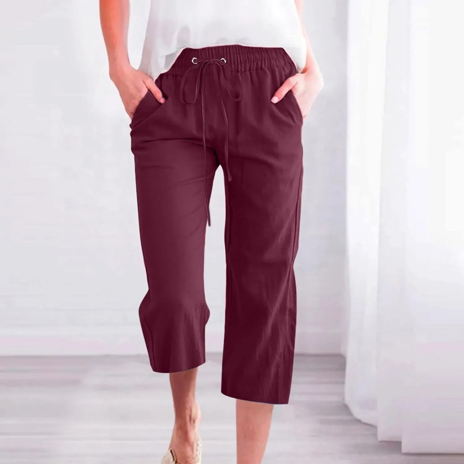 RKSTN Summer Capri Pants for Women Casual Cotton Linen Pants Straight Leg Vacation Beach Crop Pant with Pockets