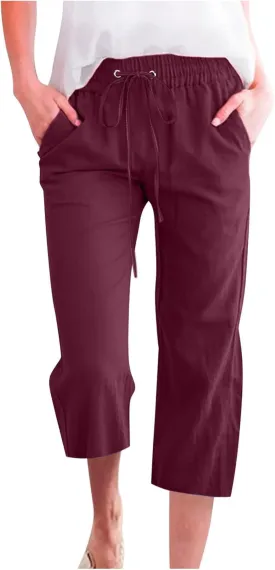 RKSTN Summer Capri Pants for Women Casual Cotton Linen Pants Straight Leg Vacation Beach Crop Pant with Pockets