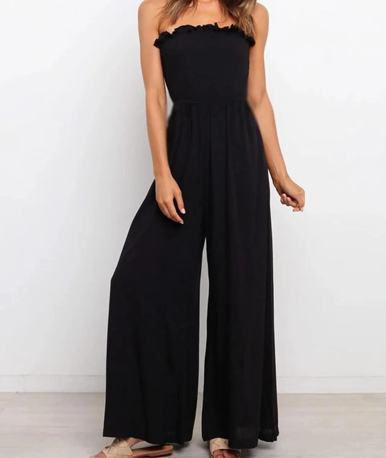 SEMATOMALA Women's Strapless Frill Smocked Bust Wide Leg Pants Romper Tube Top Flare Trousers Jumpsuit Solid Maxi Overalls