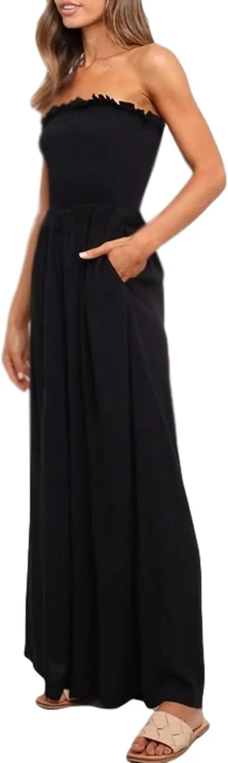 SEMATOMALA Women's Strapless Frill Smocked Bust Wide Leg Pants Romper Tube Top Flare Trousers Jumpsuit Solid Maxi Overalls