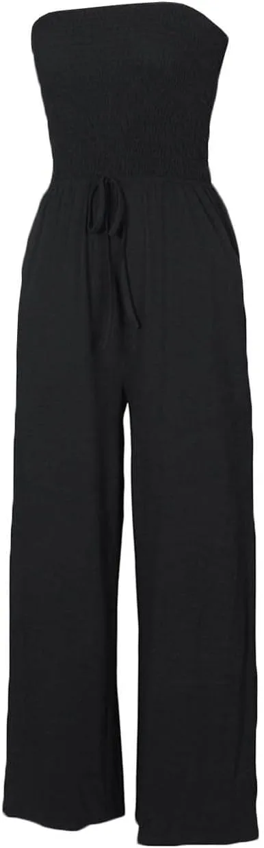 SEMATOMALA Women's Strapless Frill Smocked Bust Wide Leg Pants Romper Tube Top Flare Trousers Jumpsuit Solid Maxi Overalls