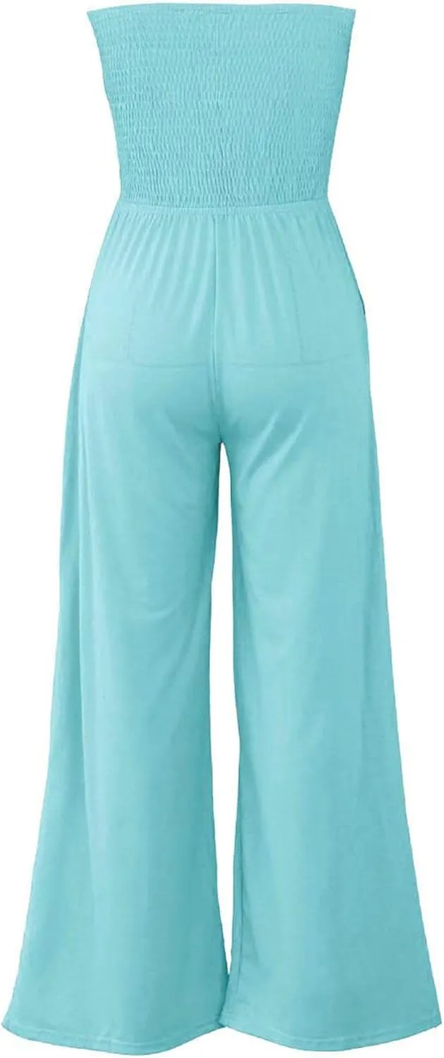 SEMATOMALA Women's Strapless Frill Smocked Bust Wide Leg Pants Romper Tube Top Flare Trousers Jumpsuit Solid Maxi Overalls