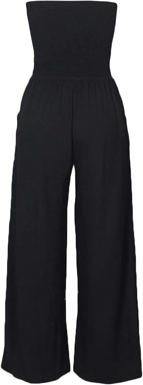 SEMATOMALA Women's Strapless Frill Smocked Bust Wide Leg Pants Romper Tube Top Flare Trousers Jumpsuit Solid Maxi Overalls