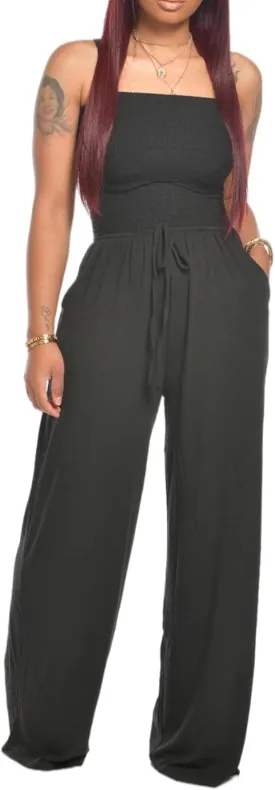 SEMATOMALA Women's Strapless Frill Smocked Bust Wide Leg Pants Romper Tube Top Flare Trousers Jumpsuit Solid Maxi Overalls