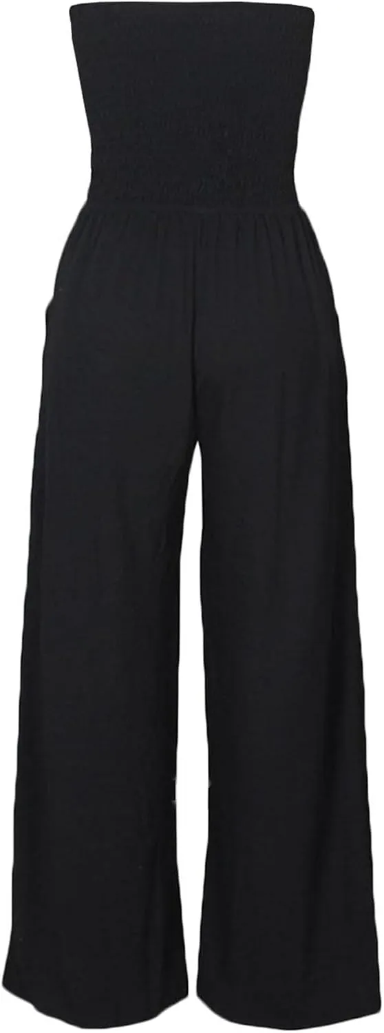 SEMATOMALA Women's Strapless Frill Smocked Bust Wide Leg Pants Romper Tube Top Flare Trousers Jumpsuit Solid Maxi Overalls