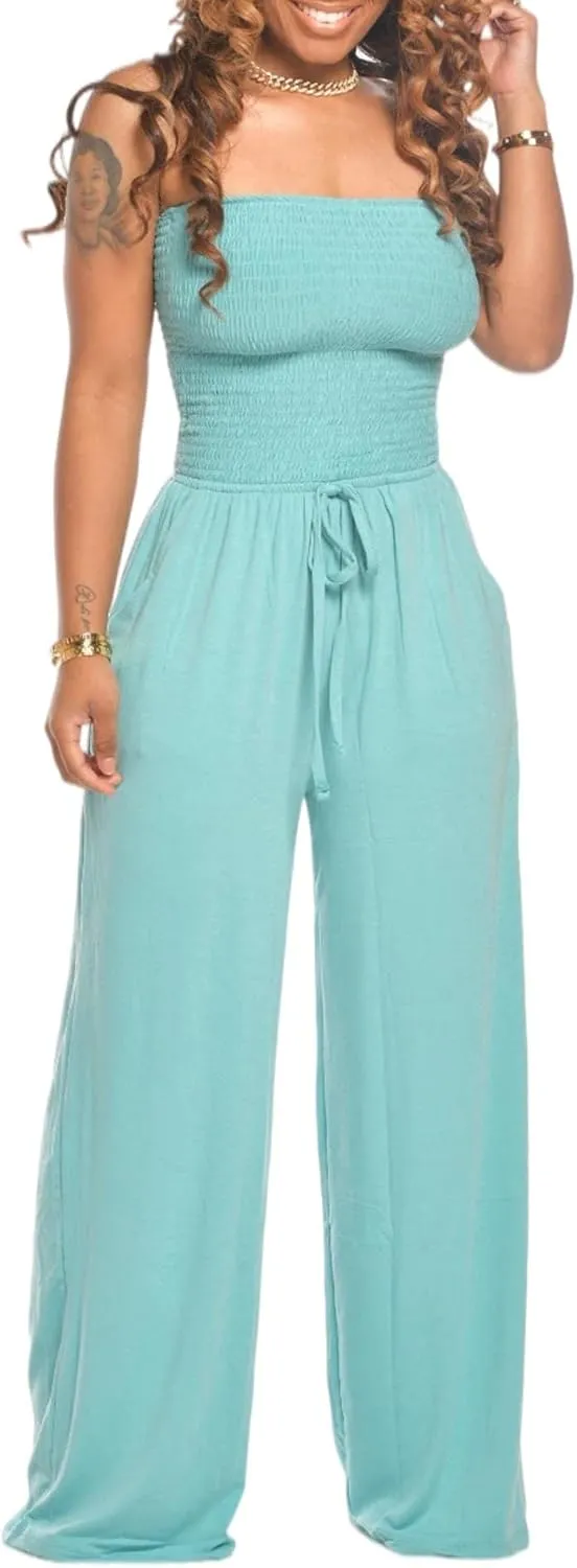 SEMATOMALA Women's Strapless Frill Smocked Bust Wide Leg Pants Romper Tube Top Flare Trousers Jumpsuit Solid Maxi Overalls